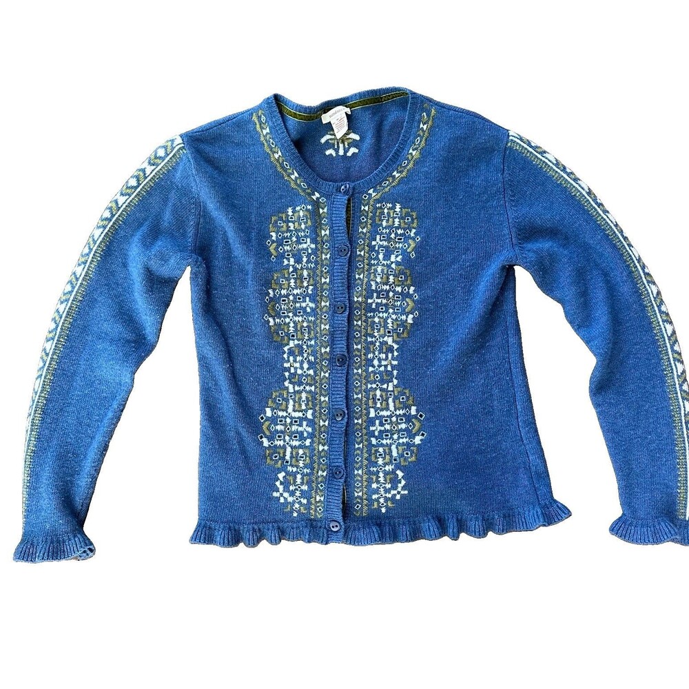 Sundance Women’s M Blue Embroidered Wool Cardigan Ruffle Trim Boho